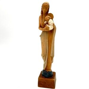 Hand Carved 12" Wooden Virgin Mary and Child Jesus Statue Religious Figurine